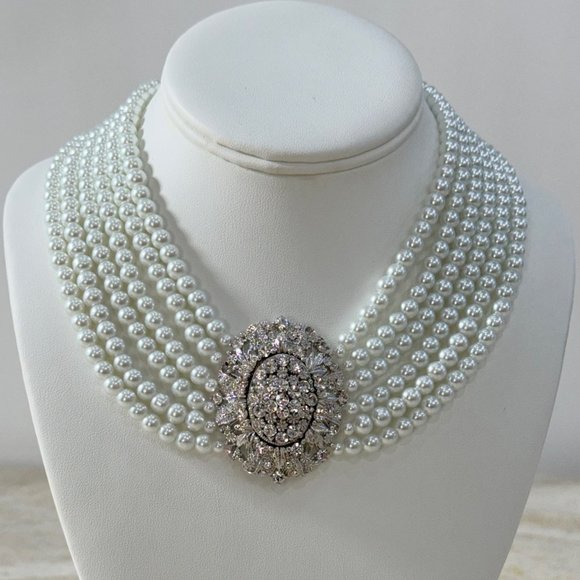 Swarovski 6 Row White Pearls Necklace all Occashion Wedding Bridal Bridesmaid